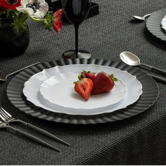 LUXE Collection White With Silver Rim 7.5" Premium Heavyweight Plastic Plates VeZee