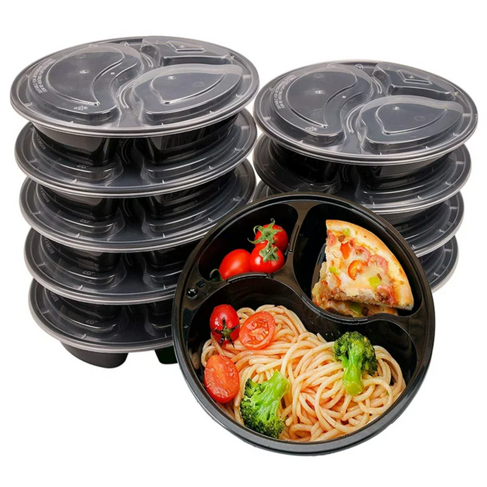 *BULK* 48 oz Meal Prep Round Food Storage Containers 3 Compartment with Lids Food Storage & Serving VeZee