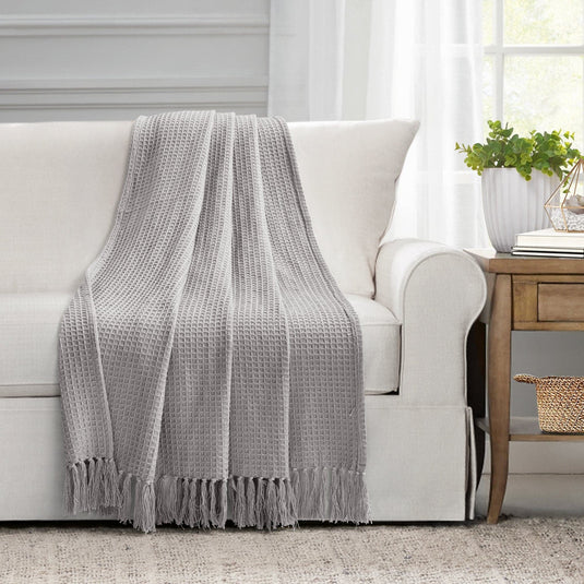 Waffle Cotton Knit Tassel Fringe Throw Collective LushDecor