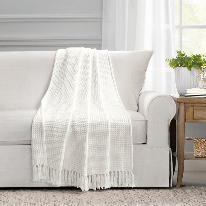 Waffle Cotton Knit Tassel Fringe Throw Collective LushDecor