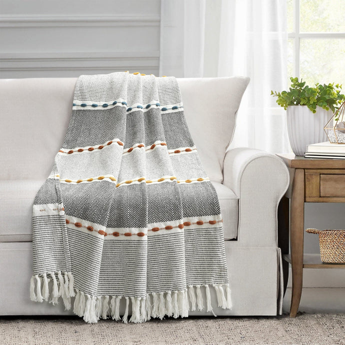 Herringbone Stripe Yarn Dyed Cotton Woven Tassel Throw Collective LushDecor