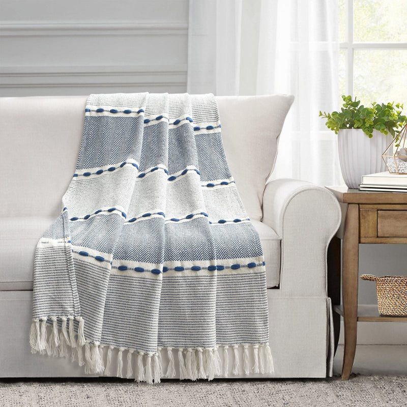 Load image into Gallery viewer, Herringbone Stripe Yarn Dyed Cotton Woven Tassel Throw Collective LushDecor
