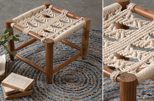 Macrame and Wooden Footstool General CT