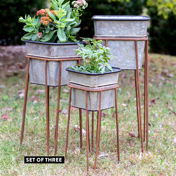 Galvanized Planters on Rusted Finish Stands, Set of 3 Whats trending CT