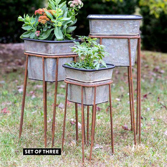 Galvanized Planters on Rusted Finish Stands, Set of 3 Whats trending CT