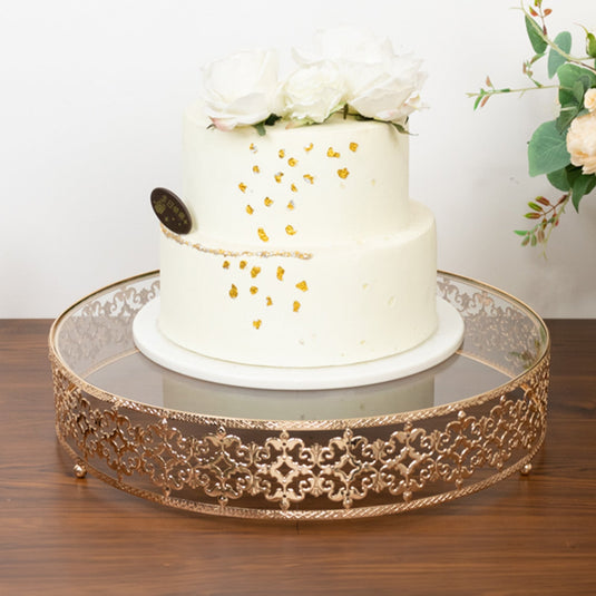 18" Gold Metal Cake Stand with Glass Top Baroque Ornate Style, Round Dessert Display Tray Cake Stands HIER_7510