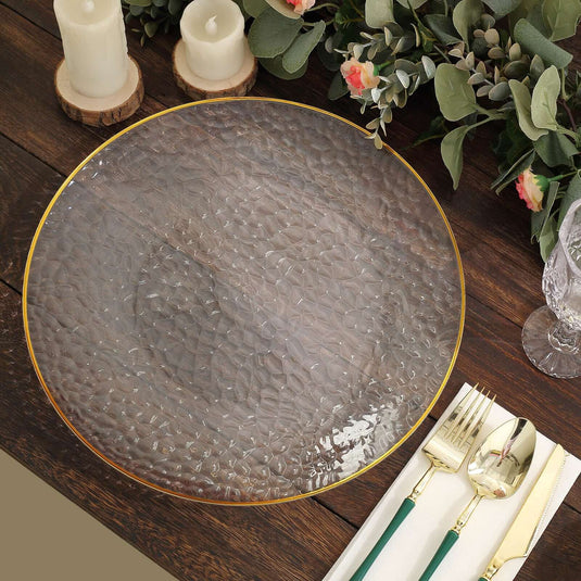 18 Pack Economy Plastic Round Charger Plates 13" in Clear Hammered Design with Gold Rim - Table Setting Plates Charger Plates HIER_4610