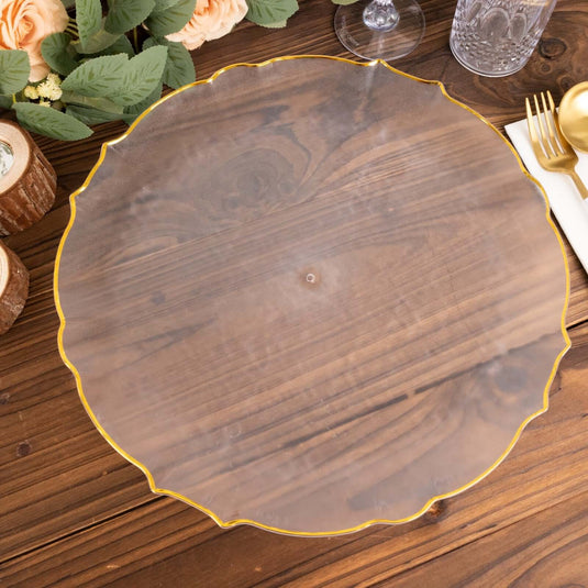 18 Pack Economy Plastic Round Charger Plates 13" in Clear Sunflower Design with Gold Scalloped Rim - Table Setting Plates Charger Plates HIER_4610