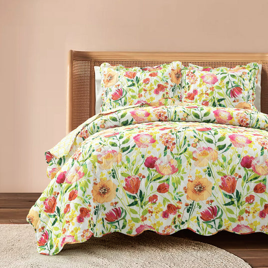 Leilani Watercolor Scallop Edged Floral 3 Piece Quilt Set Collective LushDecor