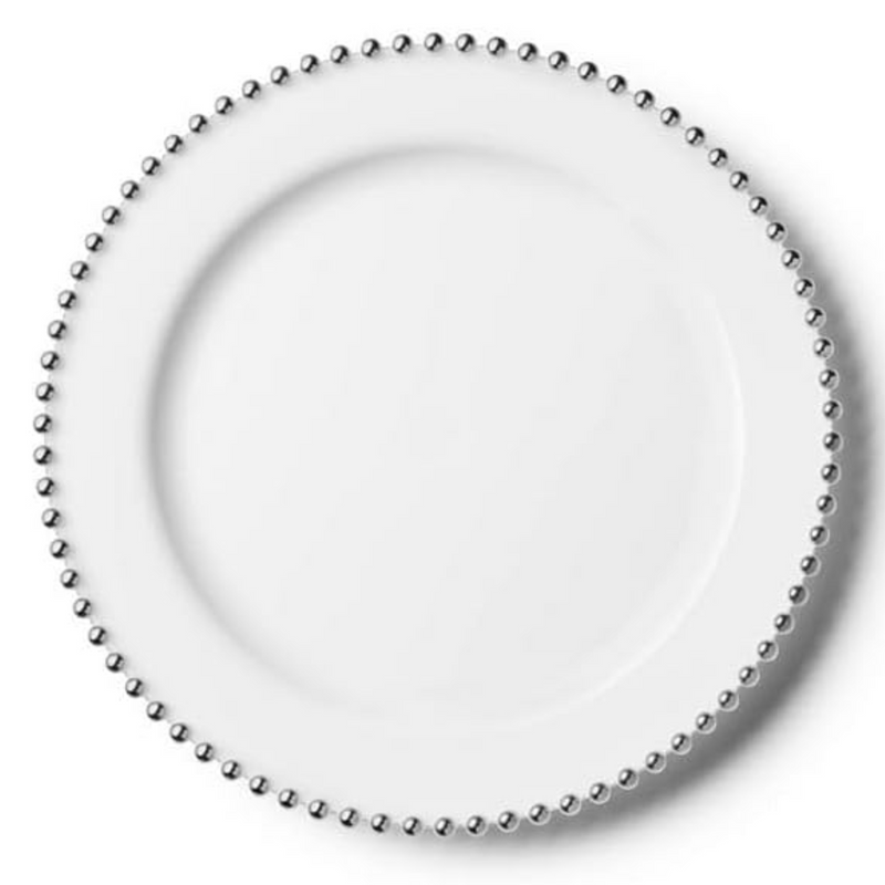 Load image into Gallery viewer, White &amp; Silver Beaded EXTRA HEAVY Weight 10.25&quot; Plastic Diner Plates Decorline
