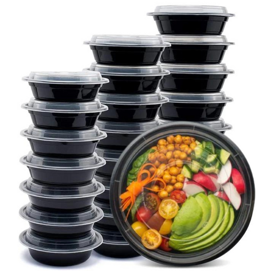 *BULK* 24oz Black Meal Prep/ Bento Box Disposable Round Container with Clear Lid Food Storage & Serving VeZee