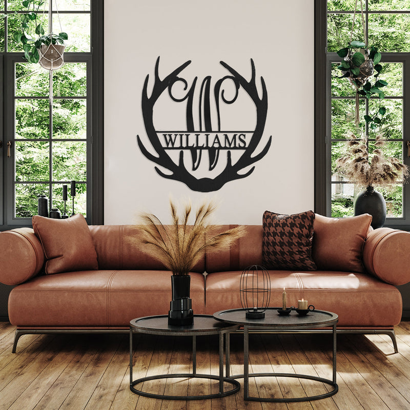 Load image into Gallery viewer, Decor Steals Antler Monogram with Name - Custom Metal Name Sign for Home Antler Gift Rusted Orange Craftworks Co.
