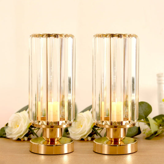 2 Pack 11" Crystal Pendant Hurricane Candle Holders in Gold, Elegant Cylinder Design for Pillar Candles, Short-Stemmed, Decorative Table Centerpieces Centerpieces HIER_7120