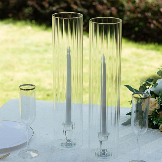 2-Pack Clear Ribbed Glass Hurricane Shades Open End Design - Stylish Candelabra Pillar Candle Holder Table Centerpiece 18