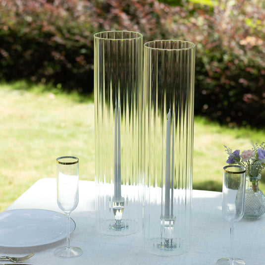 2-Pack Clear Ribbed Glass Hurricane Shades Open End Design - Stylish Candelabra Pillar Candle Holder Table Centerpiece 20" Centerpieces HIER_7110