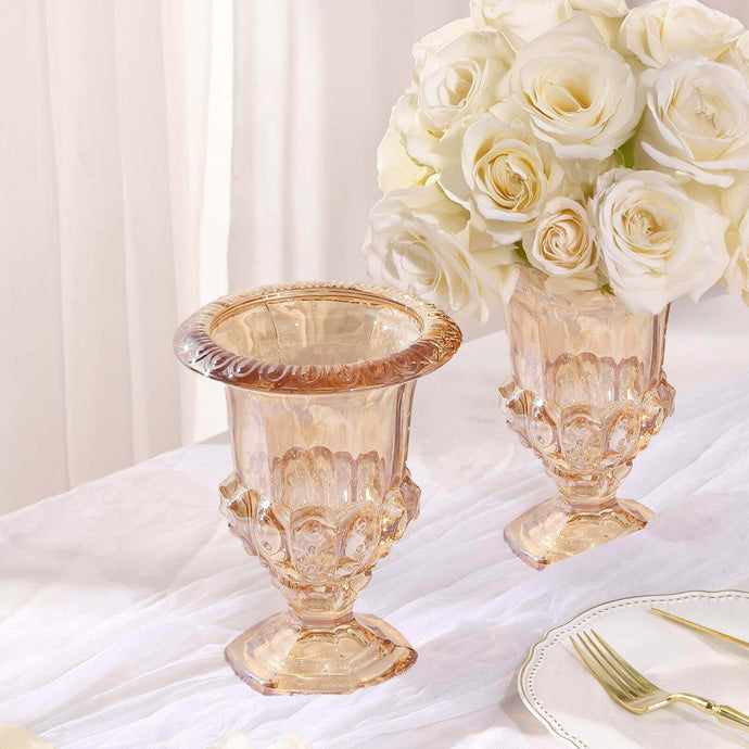 2-Pack Glass Mini Pedestal Flower Vases in Classic Roman Urn Style Amber Gold - Sophisticated Wedding Table Centerpieces 8