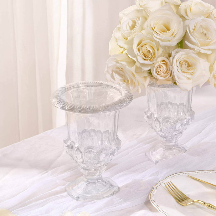 2-Pack Glass Mini Pedestal Flower Vases in Classic Roman Urn Style Clear - Sophisticated Wedding Table Centerpieces 8