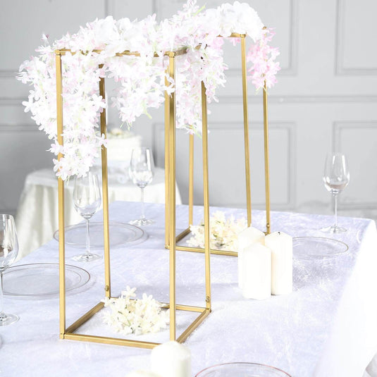 2-Pack Wedding Flower Stand Gold Metal Geometric Column Frame Rectangular - Versatile Floral Pedestal for Sophisticated Arrangements 24