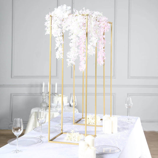 2-Pack Wedding Flower Stand Gold Metal Geometric Column Frame Rectangular - Versatile Floral Pedestal for Sophisticated Arrangements 40