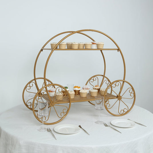 2-Tier Metal Cupcake Stand Gold - Giant Enchanting Cinderella Carriage-Inspired Pumpkin Coach Centerpiece Dessert Display Stand for Pastries & Party Favors 28" Cake Stands HIER_7520