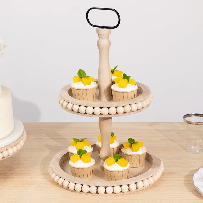 2-Tier Wooden Serving Tray Stand Beaded Design with Metal Handle Natural - Round Rustic Farmhouse Cupcake Display 17