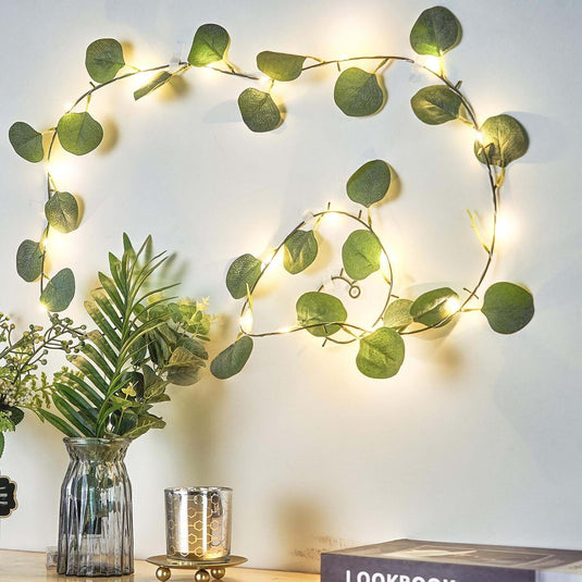 20 LED Vine String Lights Eucalyptus Leaf Design Green Warm White - Battery Operated Home Décor 7ft LED PROstorez Default Title