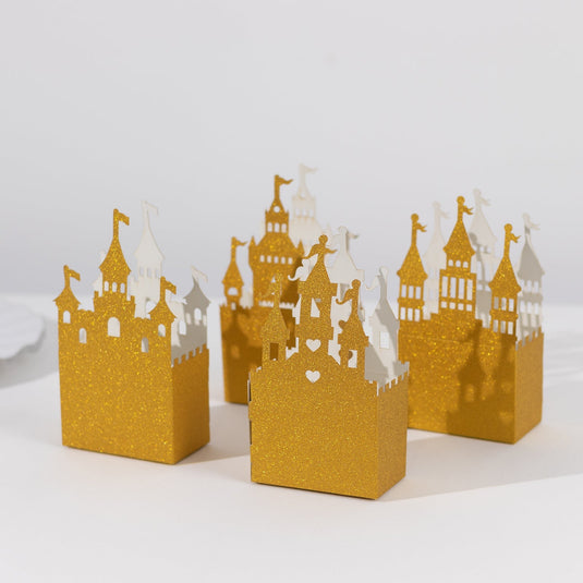 20 Pack Gold Glitter Fairy Tale Castle Favor Boxes, Princess Theme Cardstock Paper Candy Boxes Party Decorations - 3.5"x2"x6.5" Favor Bags & Boxes HIER_9720