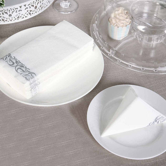 20-Pack White Linen-Feel Dinner Paper Napkins with Silver Scroll Floral Print - Premium Cloth-Like Disposable Napkins, Soft and Absorbent Guest Towels Napkins PROstorez Default Title