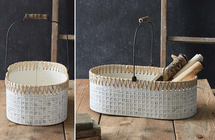 Whitewashed Metal And Cane Basket with Handle General CT