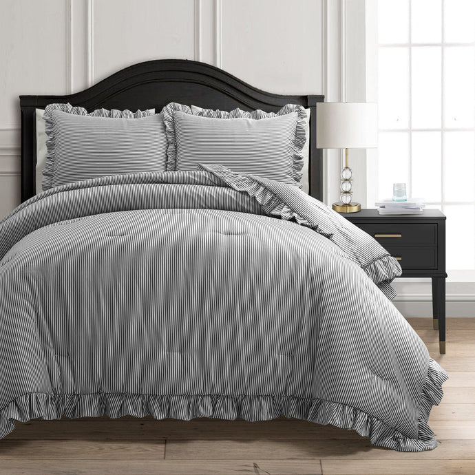 Farmhouse Stripe Reyna Ruffle Reversible Comforter 3 Piece Set Collective LushDecor