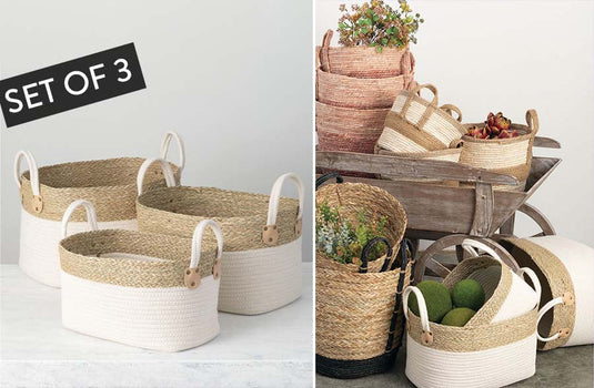 Natural and White Seagrass Baskets, Set of 3 General SUL