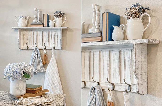 Distressed Mudroom Wall Shelf with Hooks General ABH