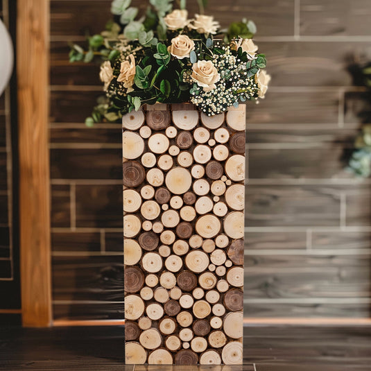 24" Natural Wooden Slices Pillar Prop Pedestal Stand, Rustic Farmhouse Wood Riser Rectangular Plant Stand Decorations HIER_7600