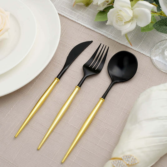 24-Pack Plastic Flatware Set in Black with Gold Handle - Heavy Duty Disposable Modern Silverware 8