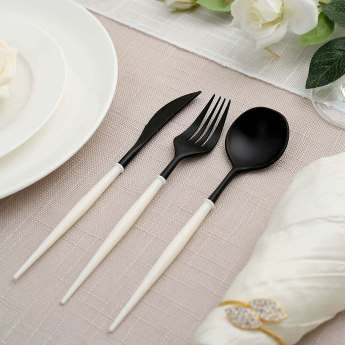 24-Pack Plastic Flatware Set in Black with Ivory Handle - Heavy Duty Disposable Modern Silverware 8