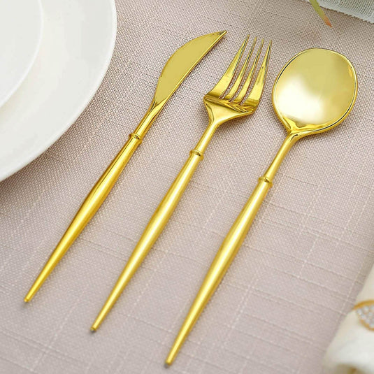 24-Pack Plastic Flatware Set in Gold - Heavy Duty Disposable Modern Silverware 8