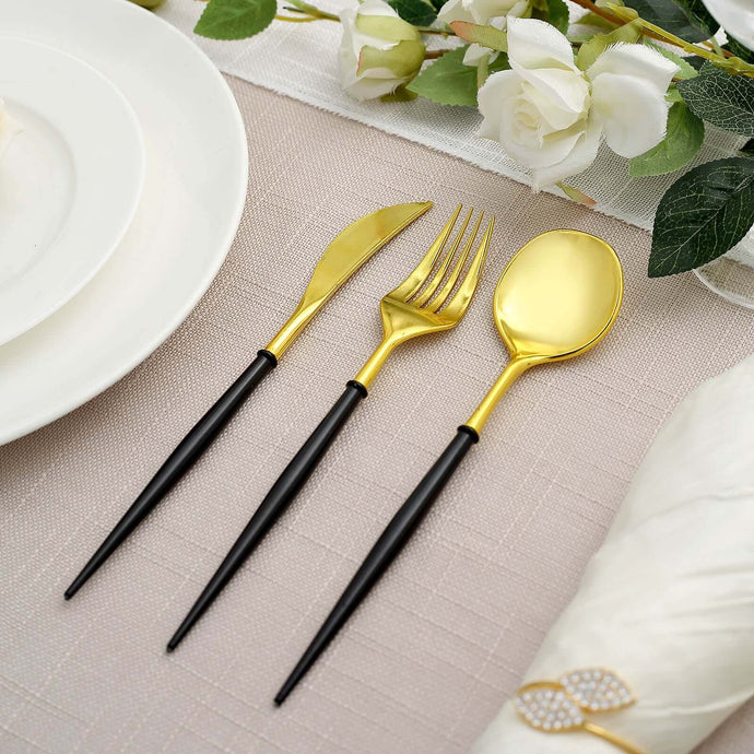 24-Pack Plastic Flatware Set in Metallic Gold with Black Handle - Heavy Duty Disposable Modern Silverware 8