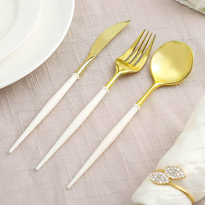 24-Pack Plastic Flatware Set in Metallic Gold with Ivory Handle - Heavy Duty Disposable Modern Silverware 8