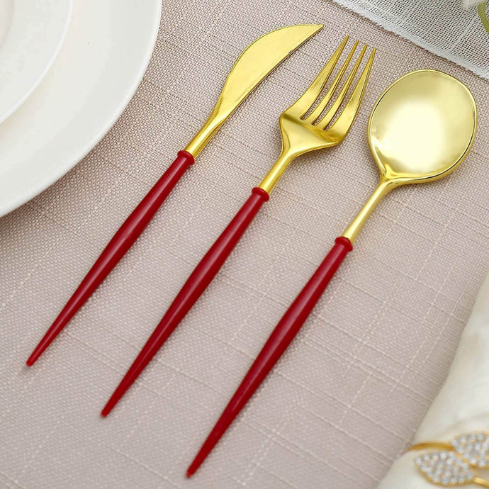 24-Pack Plastic Flatware Set in Metallic Gold with Red Handle - Heavy Duty Disposable Modern Silverware 8