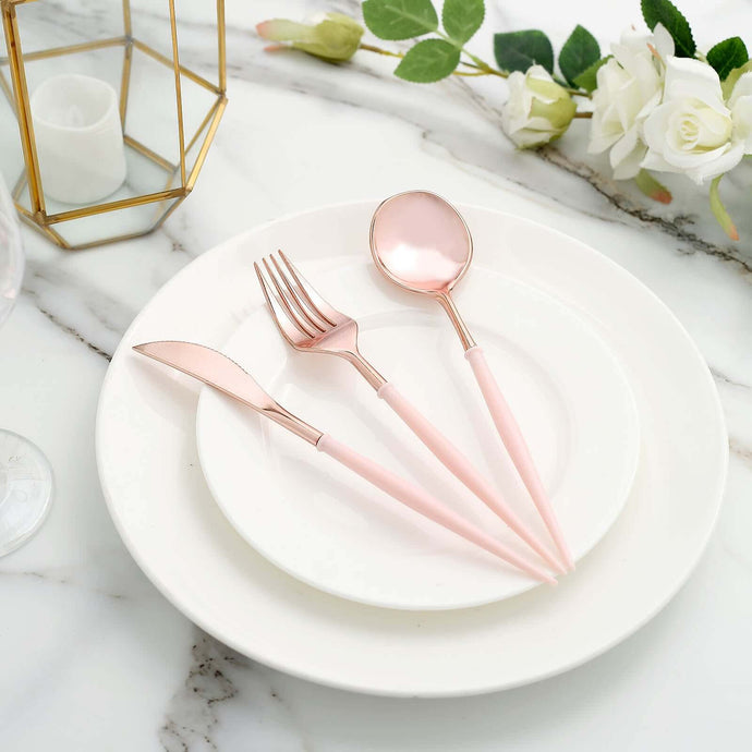 24-Pack Plastic Flatware Set in Rose Gold with Blush Handle - Heavy Duty Disposable Modern Silverware 8