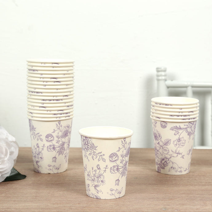 24-Pack Paper Cups in White with Lavender Lilac French Toile Print - Stylish Disposable Floral Party Cups for Weddings & All Purpose Use 9oz Disposables HIER_4300