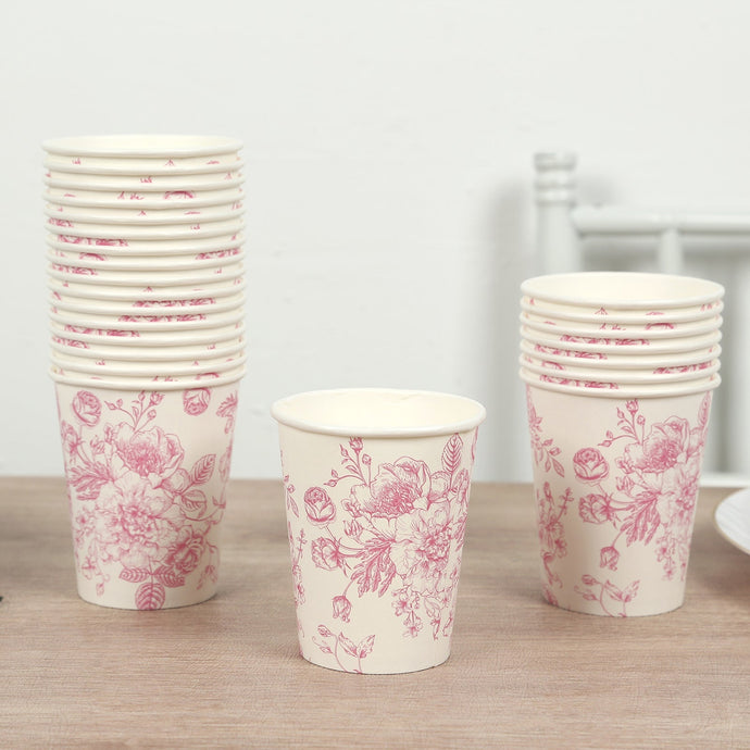 24-Pack Paper Cups in White with Pink French Toile Print - Stylish Disposable Floral Party Cups for Weddings & All Purpose Use 9oz Disposables HIER_4300