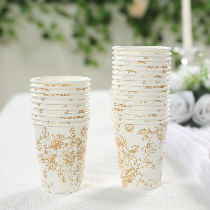 24-Pack Paper Cups in White with Gold French Toile Print - Stylish Disposable Floral Party Cups for Weddings & All Purpose Use 9oz Disposables HIER_4300