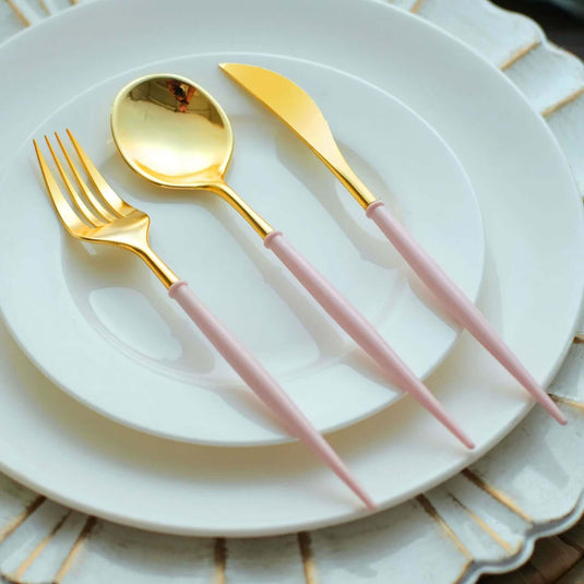 24-Pack Plastic Flatware Set in Metallic Gold with Blush Handle - Heavy Duty Disposable Modern Silverware 8