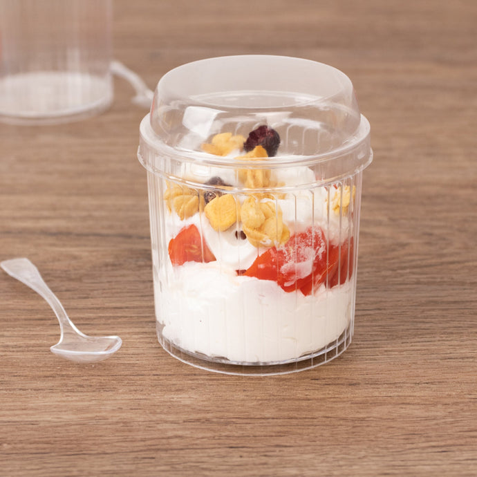 24-Pack Plastic Fruit Dessert Cups Ribbed Clear with Lid and Spoon - Ideal for Parfaits 5oz Disposables HIER_4300