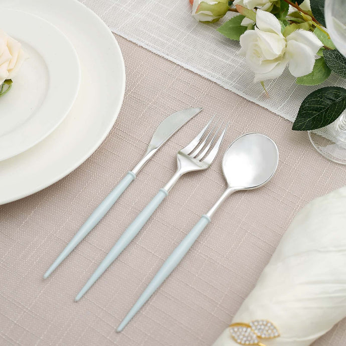 24-Pack Plastic Flatware Set in Silver with Light Blue Handle - Heavy Duty Disposable Modern Silverware 8