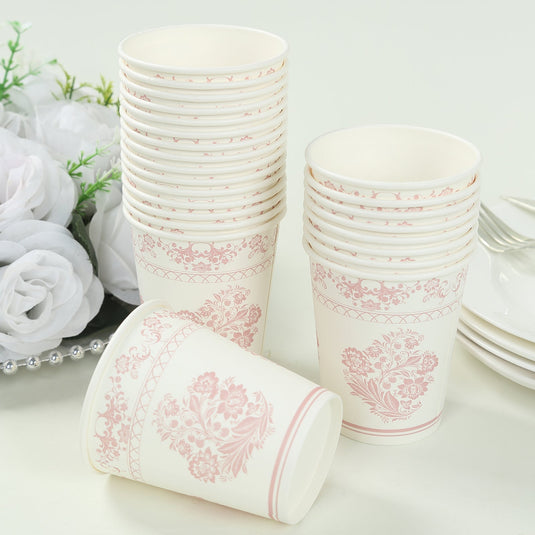 24 Pack Disposable Paper Cups in White Pink French Toile Pattern, Elegant Party Cups - 9oz Disposables HIER_4300