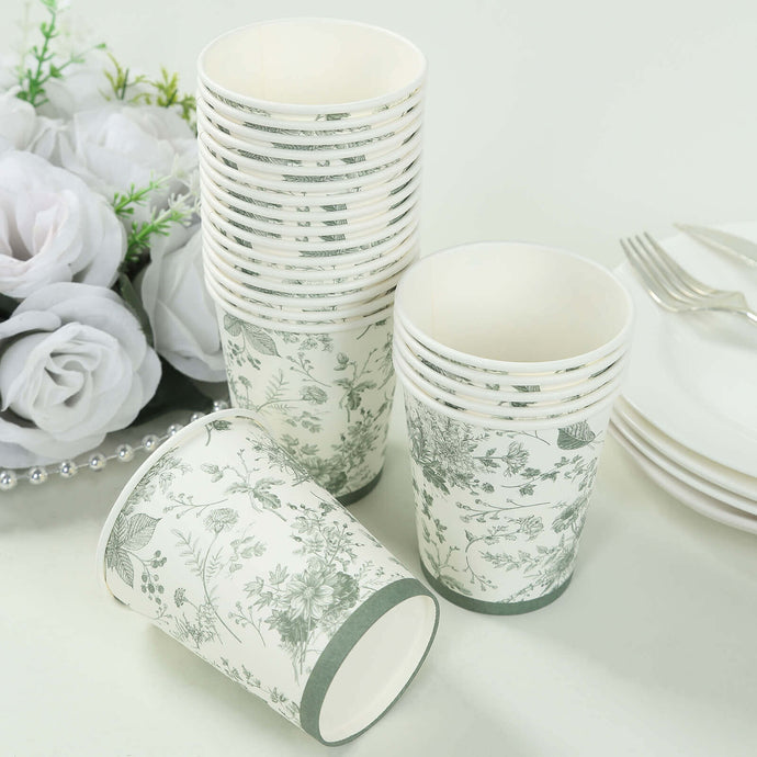 24 Pack Disposable Paper Cups in White Sage Green French Toile Pattern, Elegant Party Cups - 9oz Disposables HIER_4300