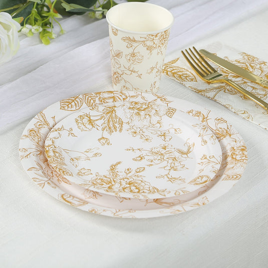 25-Pack Paper 7" Round Dessert Plates in White with Gold French Toile Pattern - Disposable Floral Salad Appetizer Plates for Chic Event Decor Disposables HIER_4130