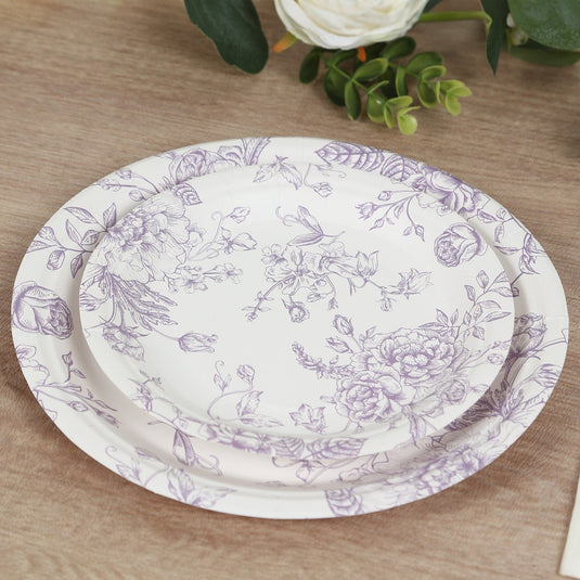 25-Pack Paper 7" Round Dessert Plates in White with Matte Lavender French Toile Pattern - Disposable Floral Salad Appetizer Plates Disposables HIER_4130